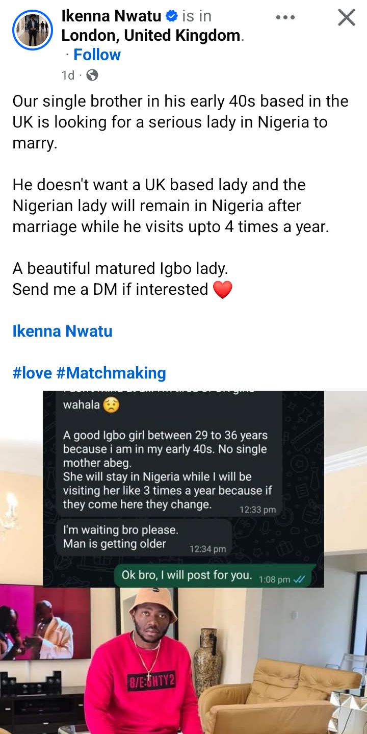 I will visit her 3 times a year - UK-based Nigerian man seeks wife who will stay in Nigeria after marriage