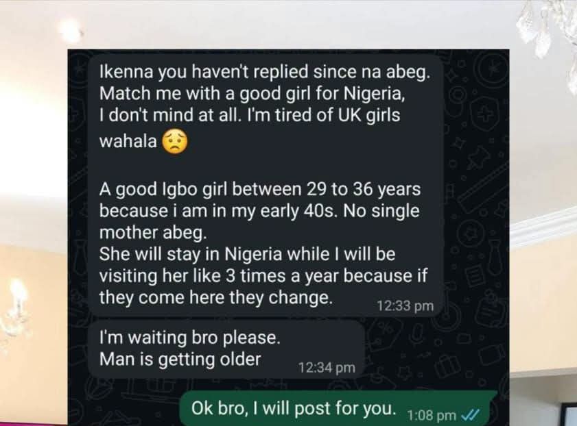 I will visit her 3 times a year - UK-based Nigerian man seeks wife who will stay in Nigeria after marriage