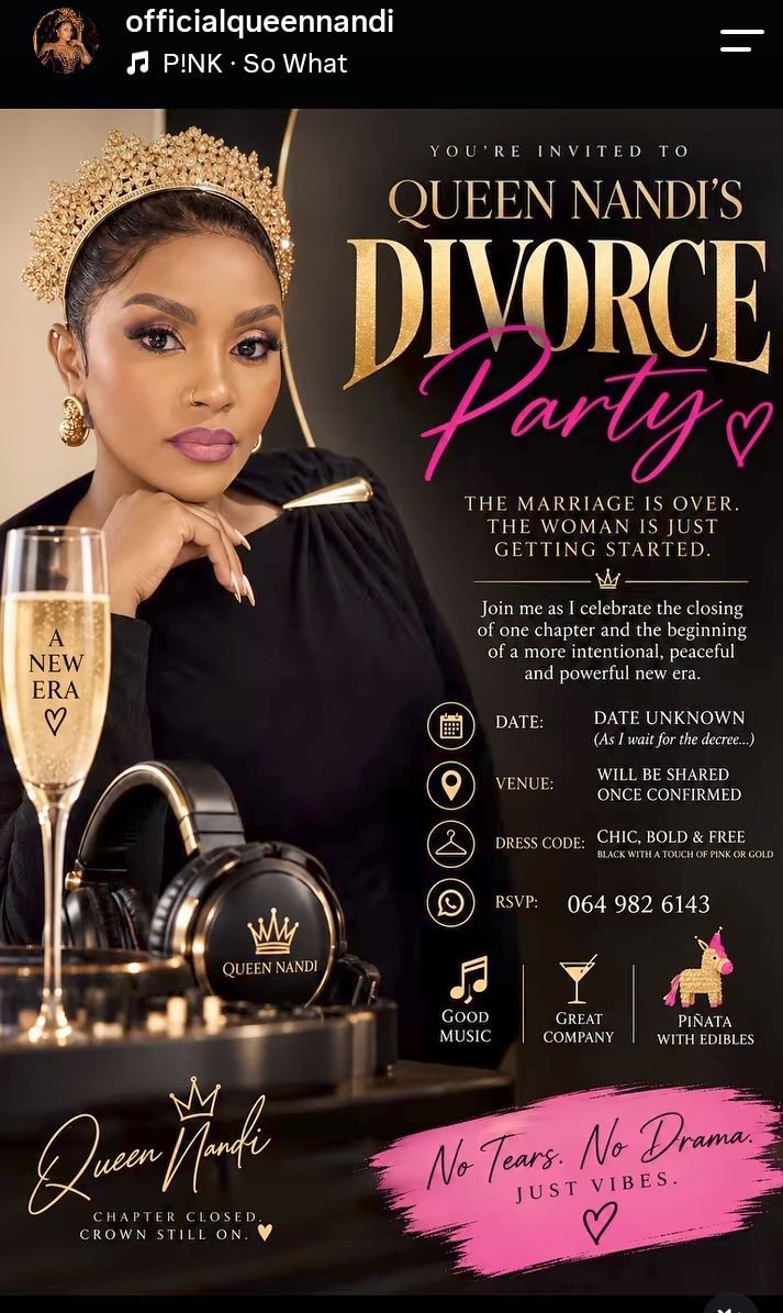 "No tears. No Drama. Just vibes" - South African media personality shares invite to her divorce party