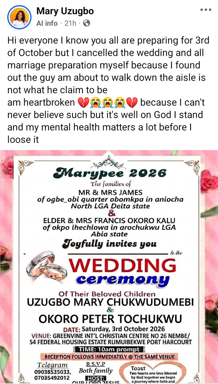 I found out he's not what he claims to be - Nigerian woman cancels her wedding 3 days before ceremony