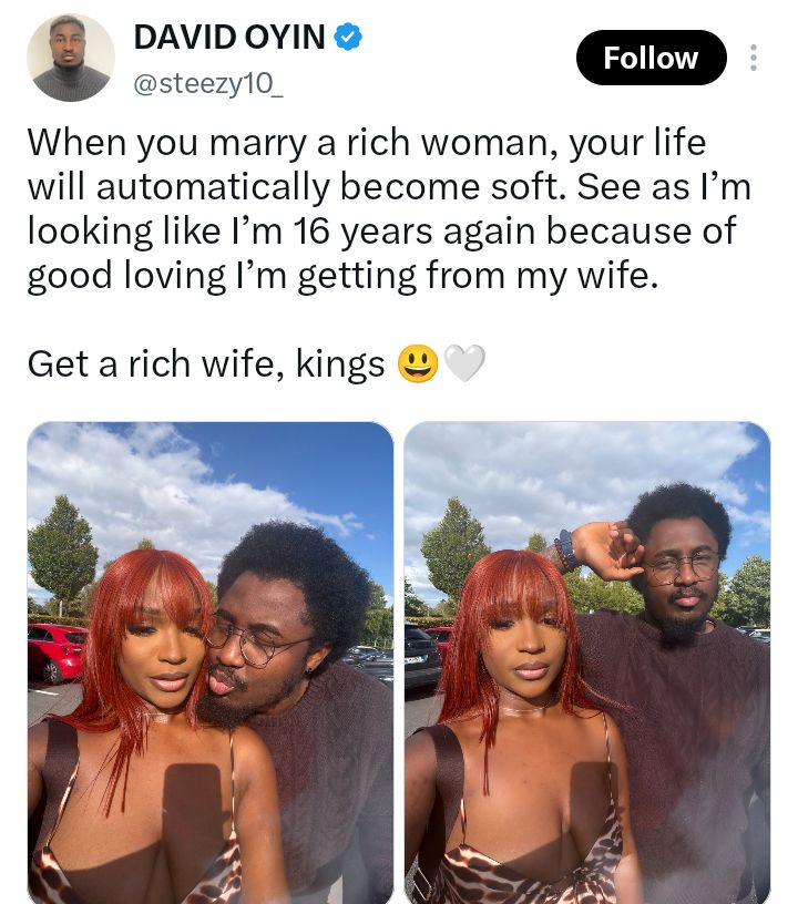 Nigerian man credits his youthful look to his rich wife, encourages men to marry rich women
