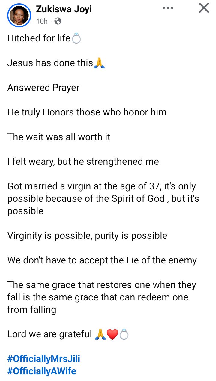 "Jesus has done this. The wait was all worth it," 37-year-old South African virgin writes as she weds