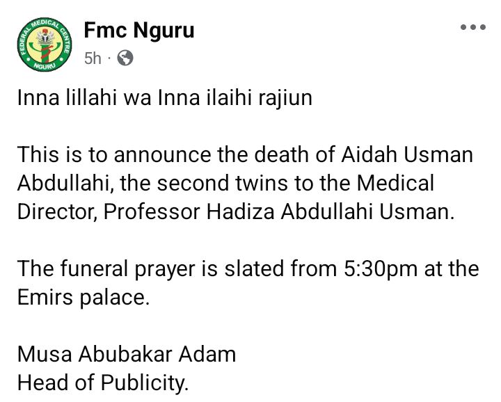 Yobe FMC medical director loses twin daughters, a doctor and pharmacist, two days apart