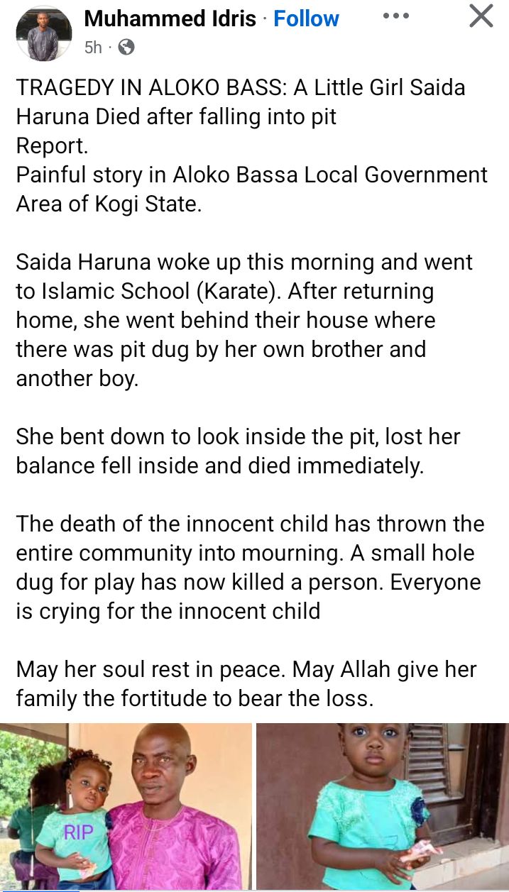 Toddler dies after falling into pit in Kogi community