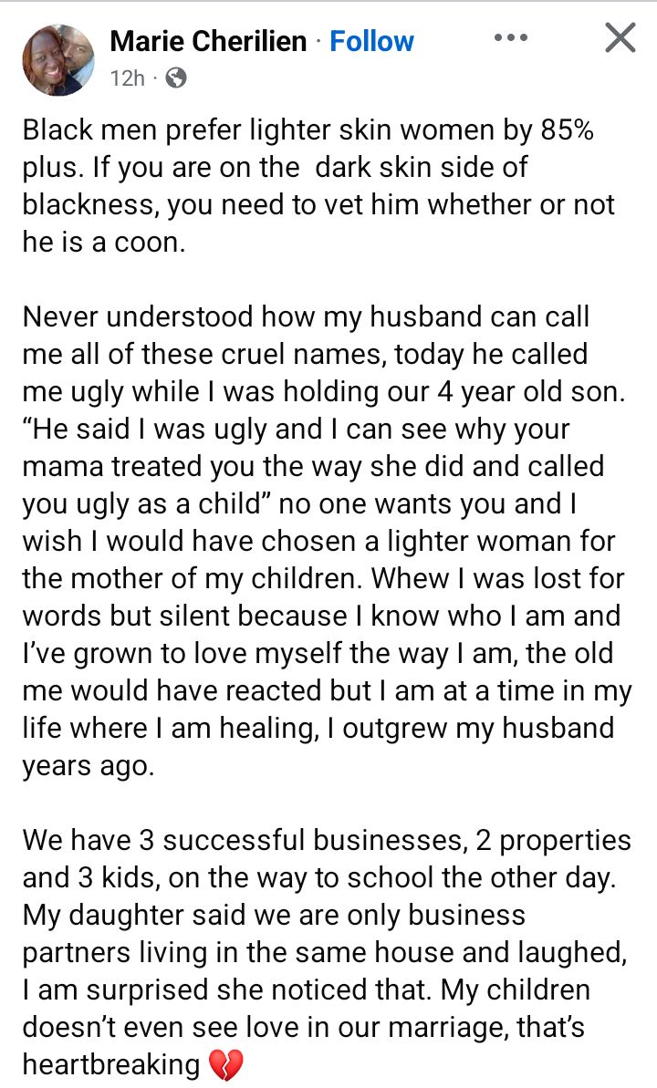 My husband called me ugly, says he wished he chose a lighter-skinned woman to bear his kids - Lady writes