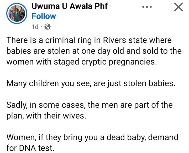 Woman raises alarm about syndicate stealing day-old babies to sell to women with cryptic pregnancies in Rivers