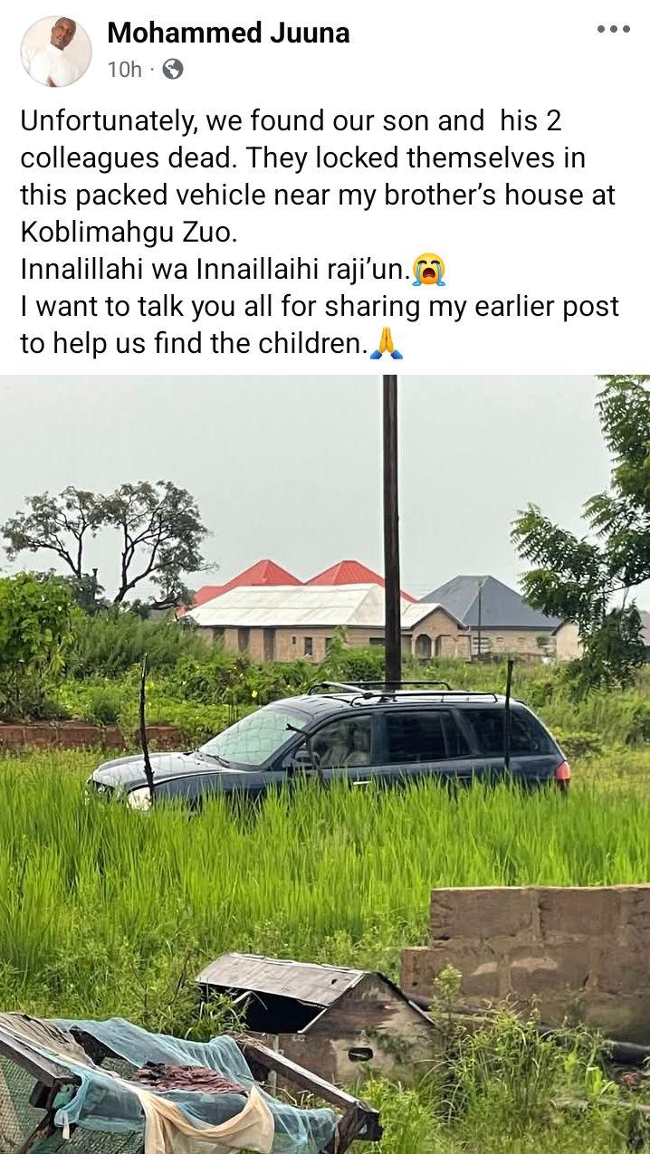Three missing children found d3ad inside parked vehicle in Ghana