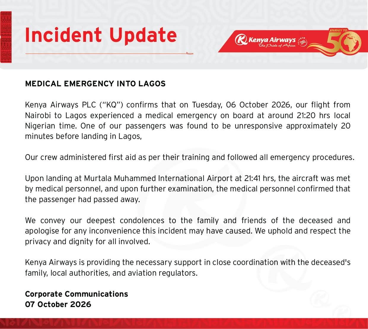 Kenya Airways confirms d3ath of passenger on Lagos-bound flight