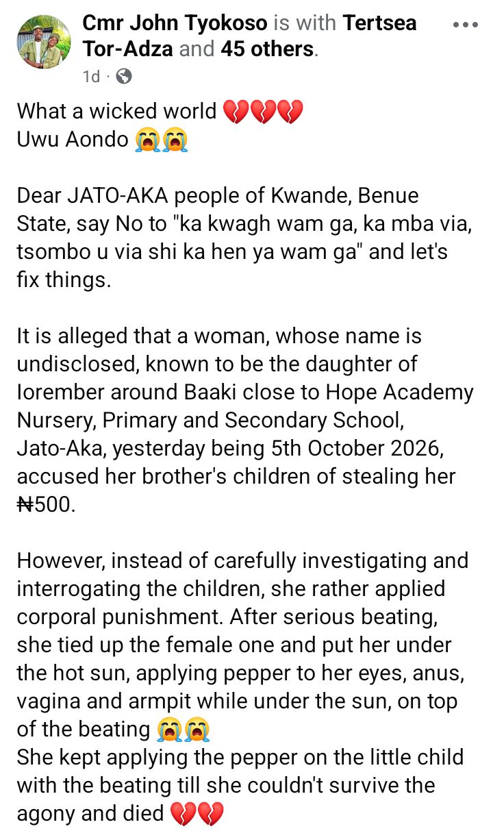 Woman allegedly beats her brother's daughter to death over N500 in Benue