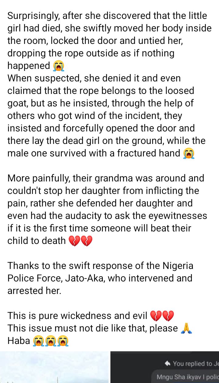 Woman allegedly beats her brother's daughter to death over N500 in Benue