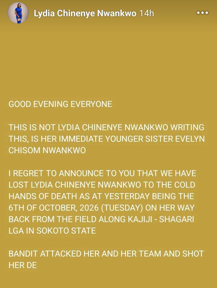Humanitarian professional Lydia Nwankwo k!lled as bandits attack Sokoto communities