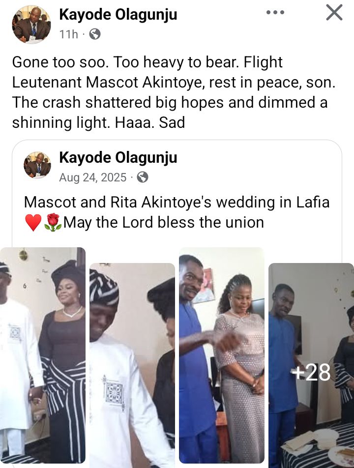 NAF plane crash: Ex-FRSC Deputy Corps Marshal Olagunju mourns Flight Lieutenant who got married in 2025