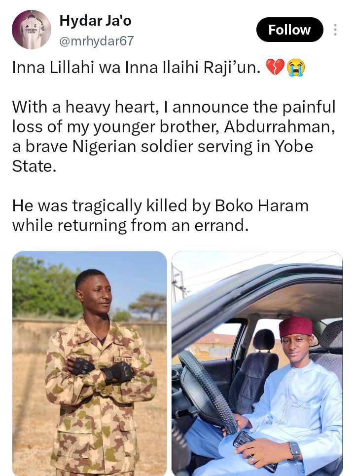 Boko Haram k!lls soldier in Yobe