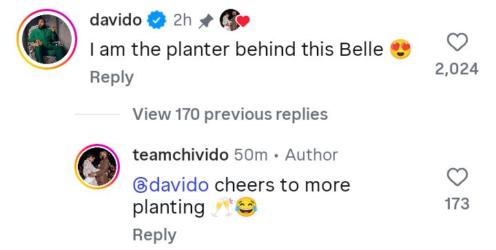 I am planter behind this Belle - Davido reacts to his wife Chioma's pregnancy photos