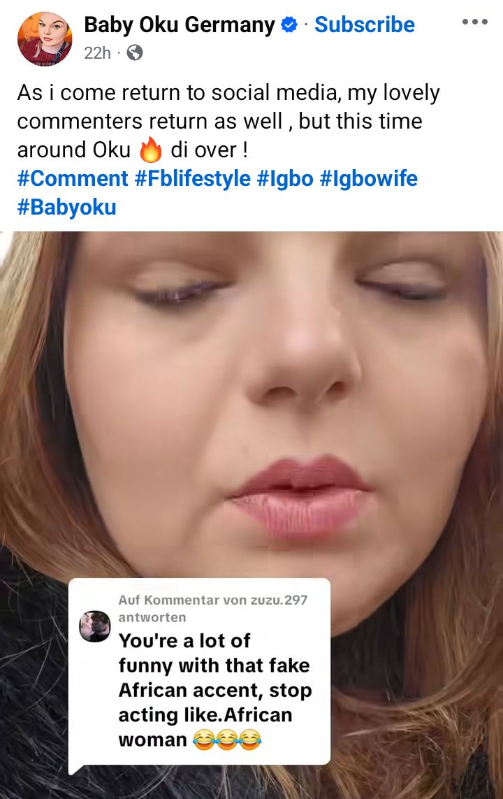 Onye iberibe - Nigerian man's German wife fires back at critic who told her to stop acting like African woman