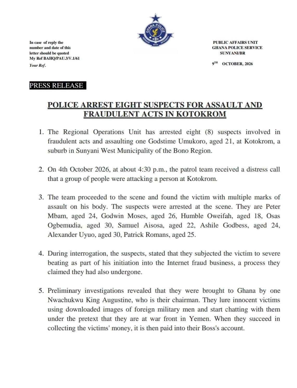 8 Nigerians arrested in Ghana for assaulting 21-year-old man as part of ‘initiation’ into internet fraud