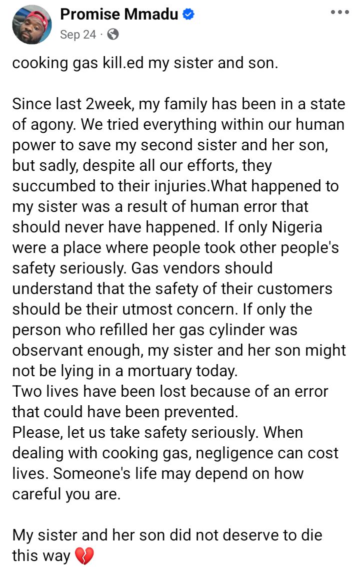 Gas explosion k!lls Nigerian woman and her 18-month-old son