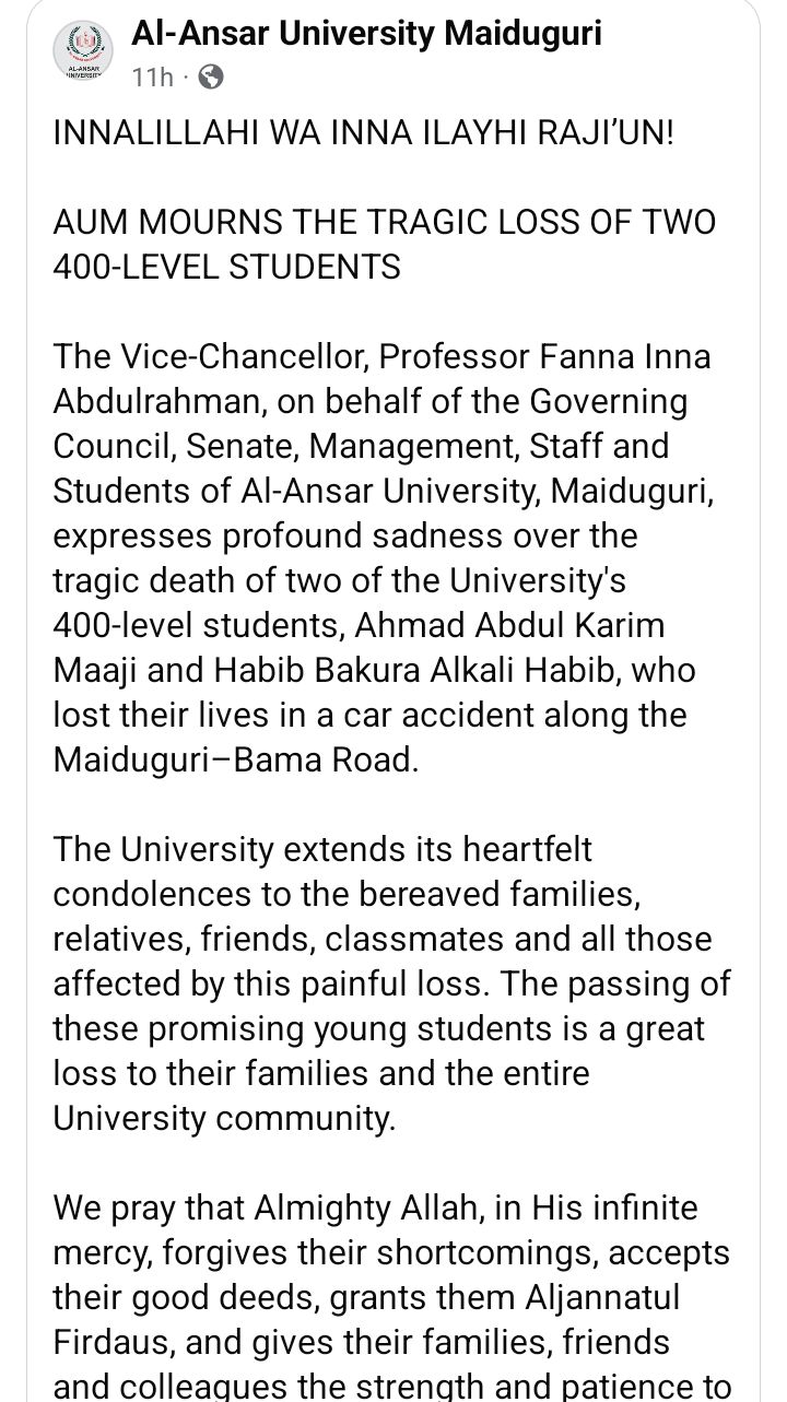 Two Borno varsity students d!e in motor accident