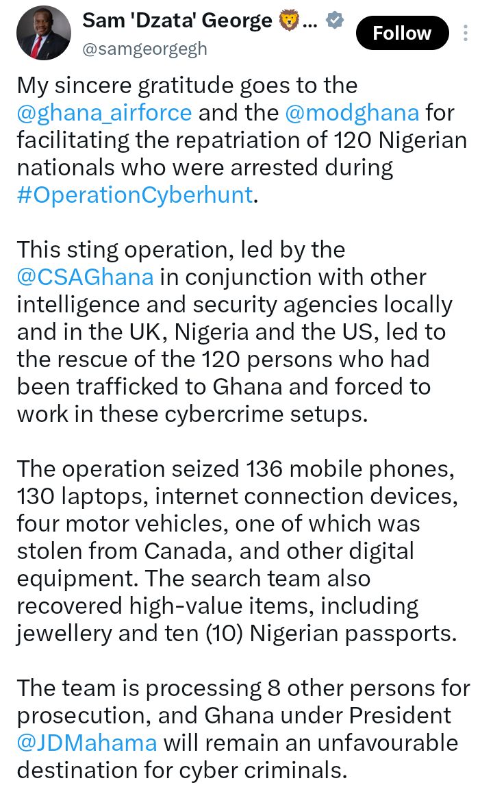 Ghana repatriates 120 Nigerians rescued from cybercrime networks (videos)