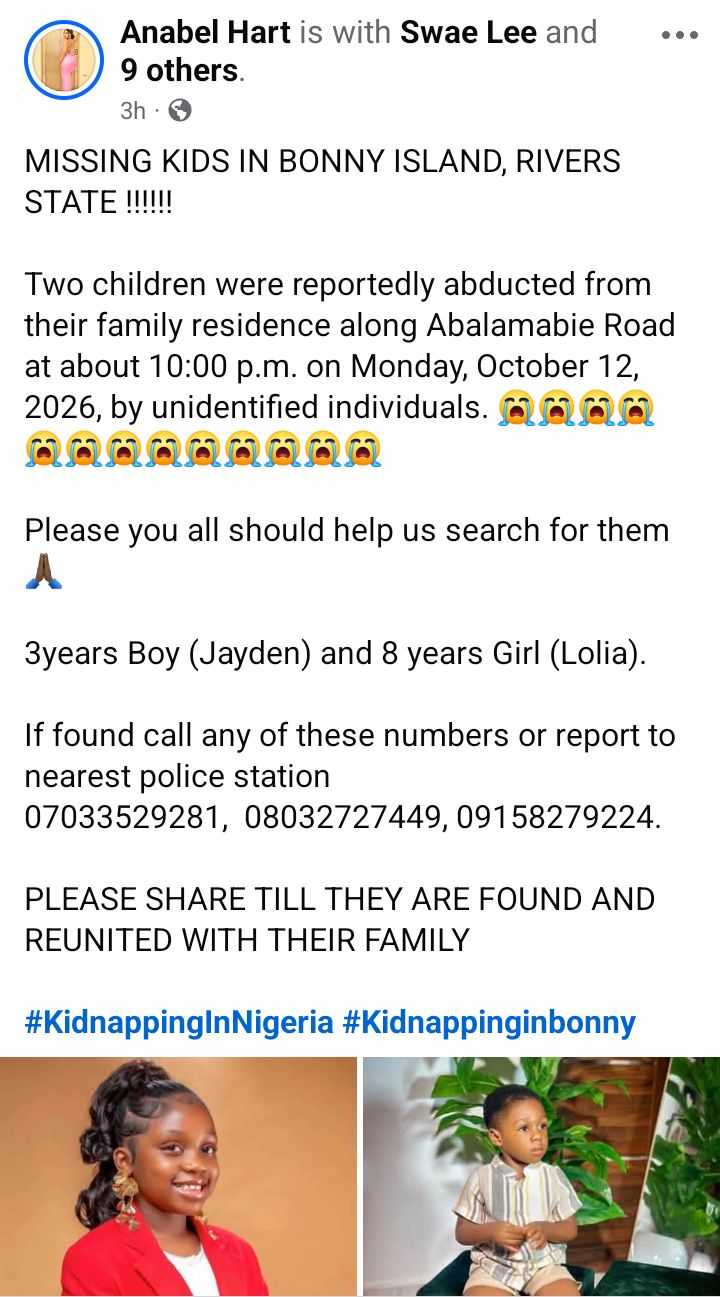 One suspect arrested as security agencies search for two abducted children in Rivers