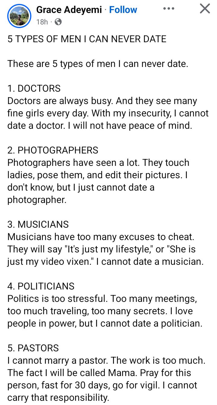 Nigerian woman lists the type of men she would never date