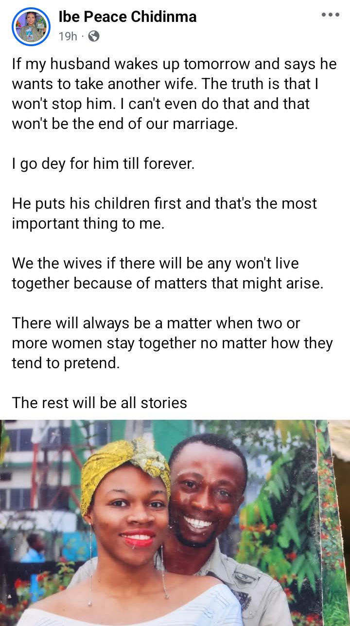 If my husband says he wants to take another wife, I will remain with him forever - Nigerian woman writes
