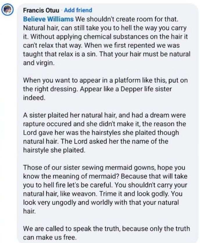 Natural hair can still take you to hell if it looks worldly and ungodly - Deeper Life member says