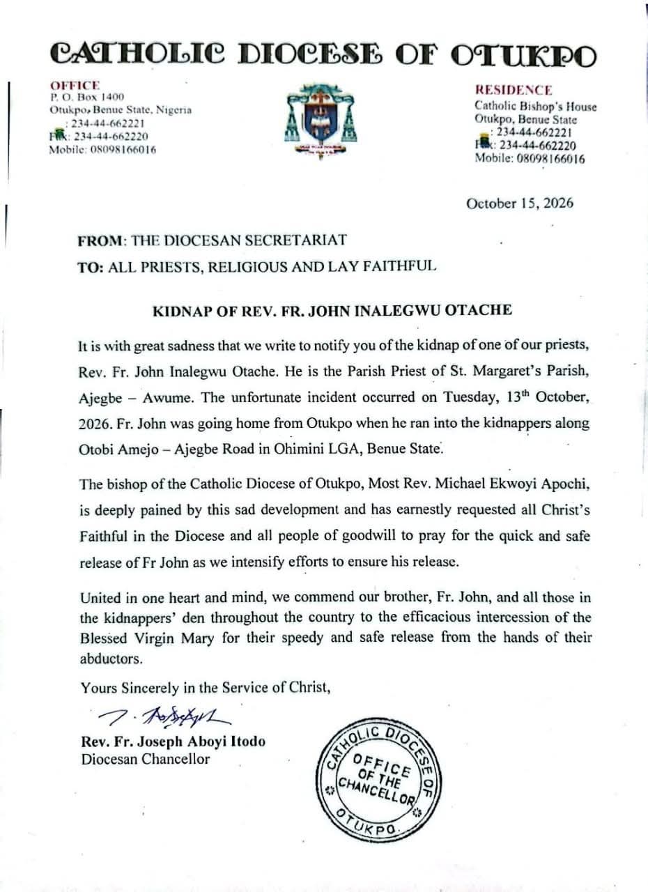 Gunmen abduct Catholic priest in Benue