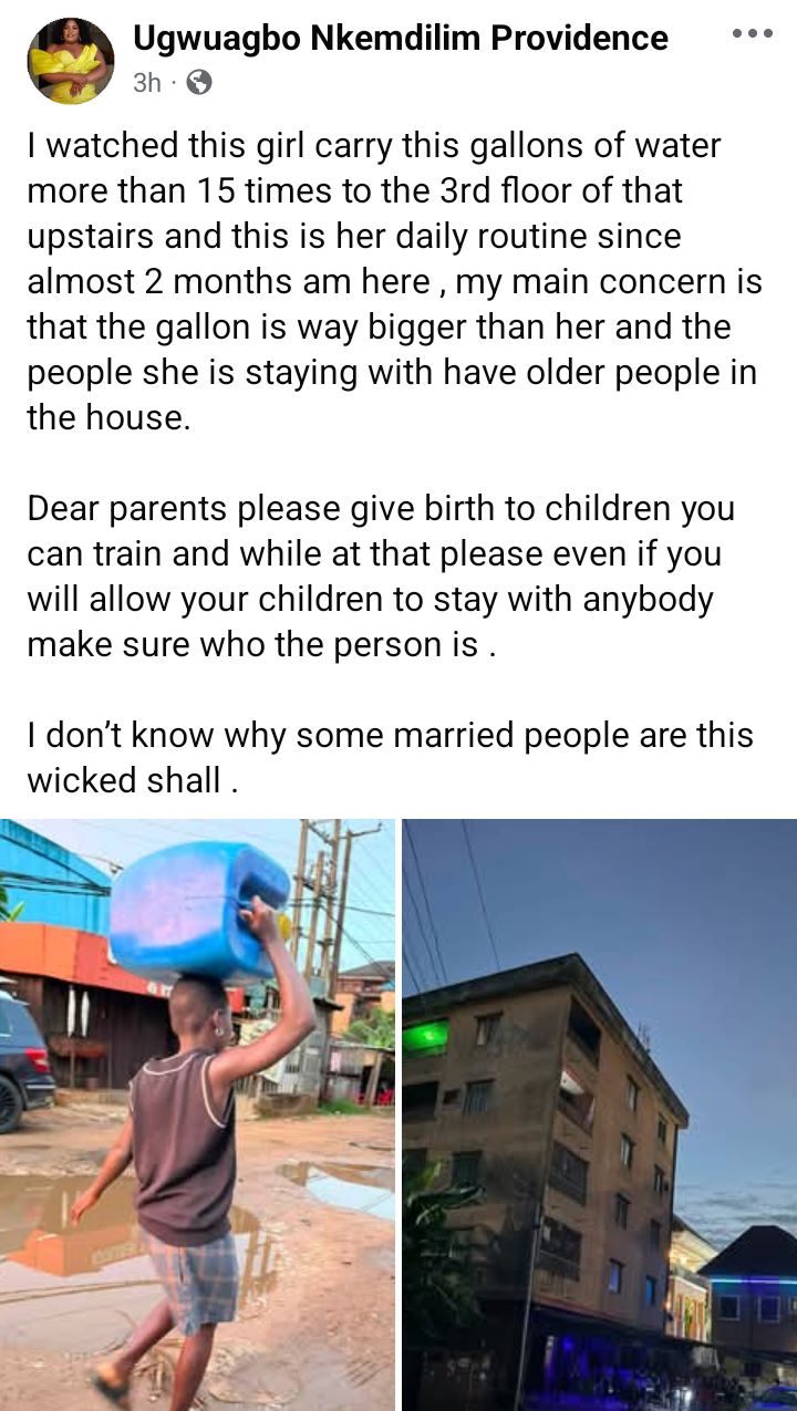 Nigerian woman expresses concern after watching a girl carry heavy gallon of water up to 3rd floor of building