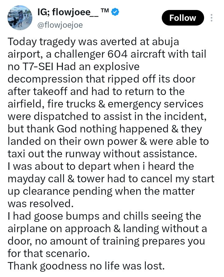 Tragedy averted as private jet loses door mid-air, makes emergency landing in Abuja