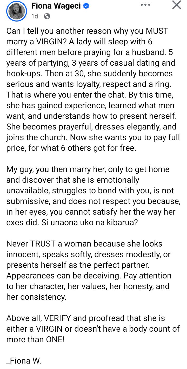 Lady advises men to marry only virgins or women with only one body count