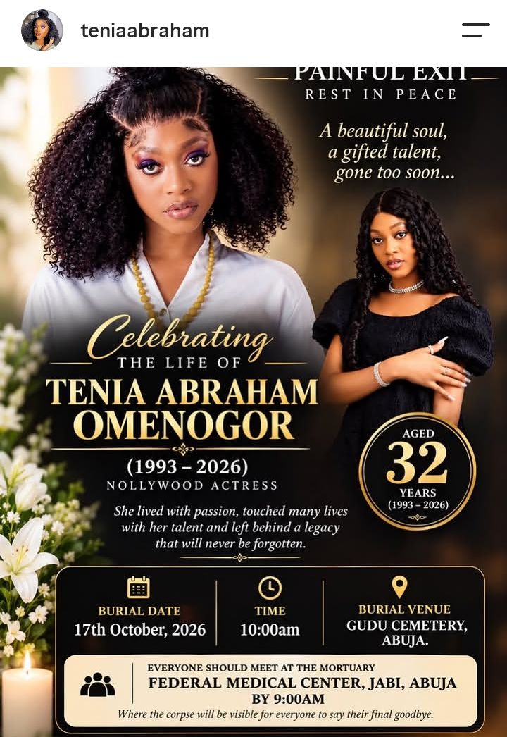 Nollywood actress Tenia Abraham dies at 32