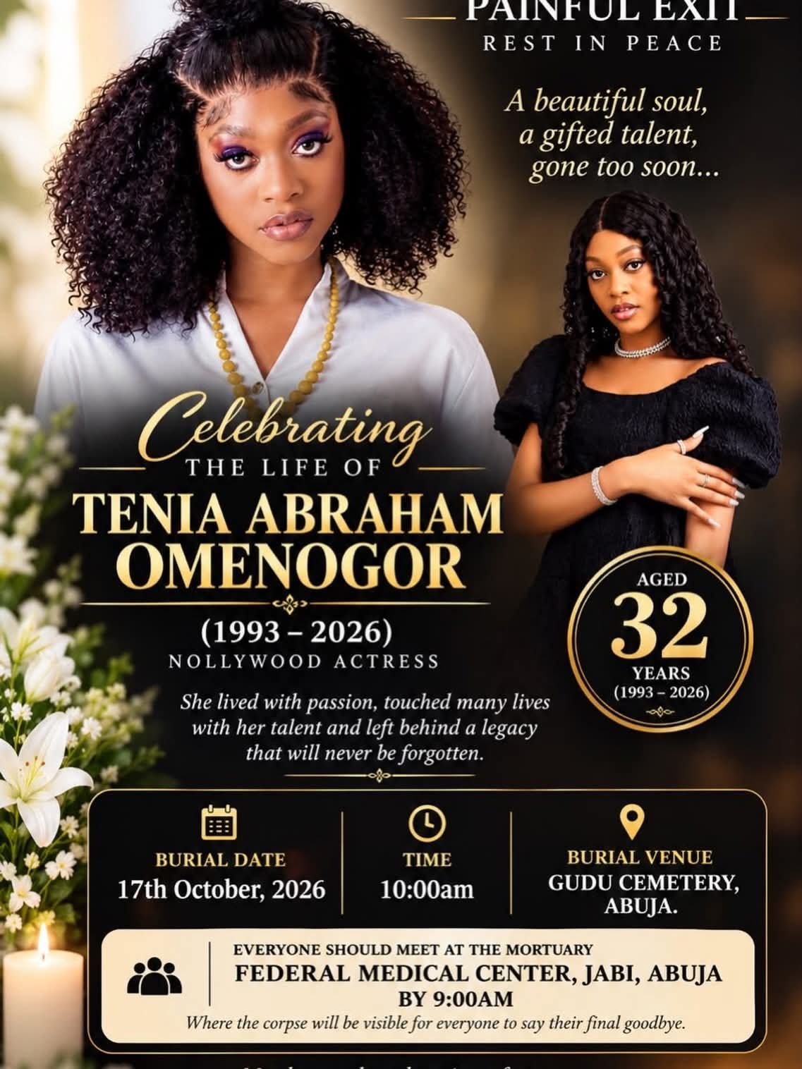 Nollywood actress Tenia Abraham dies at 32