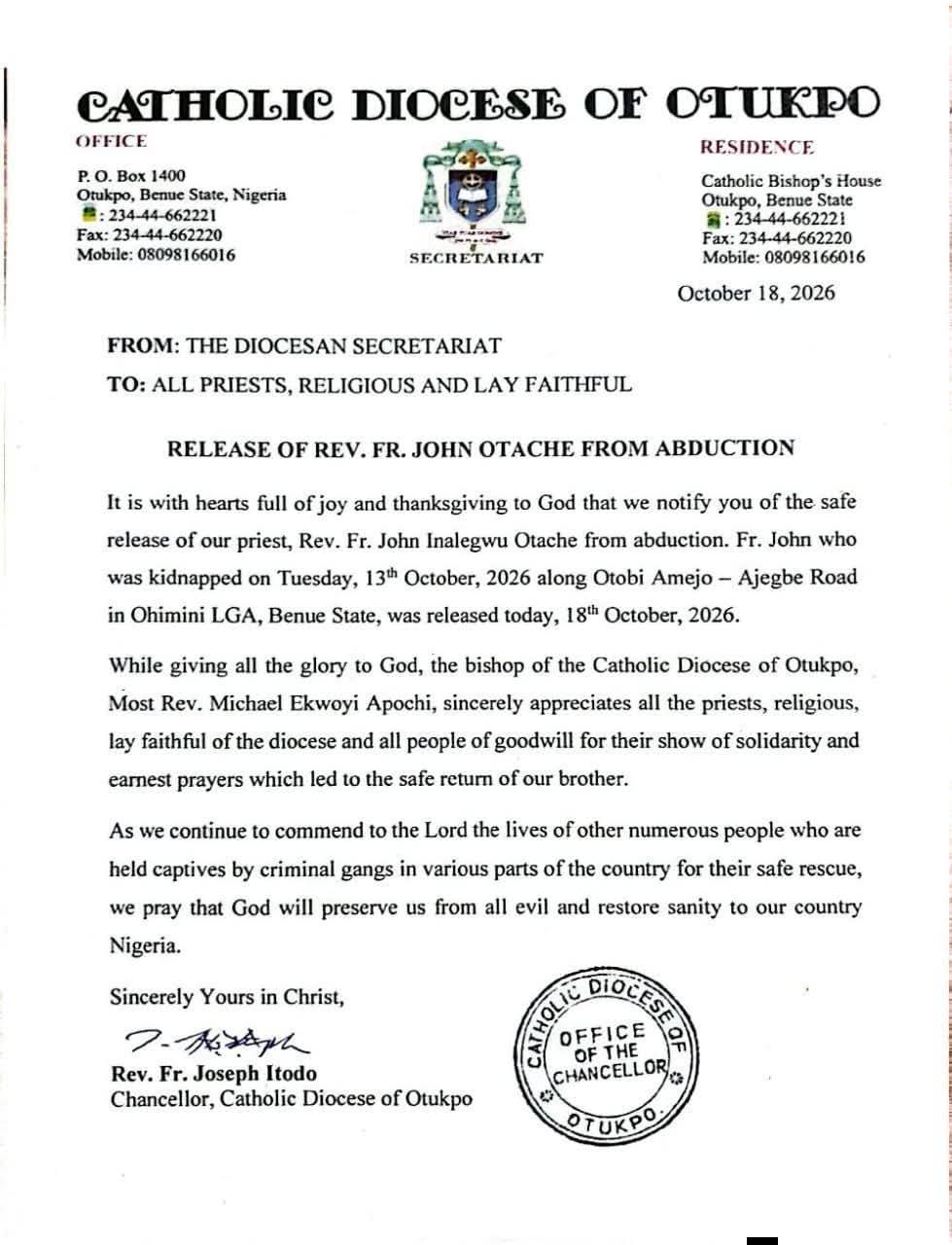 Police rescue kidnapped Catholic priest and five other victims in Benue