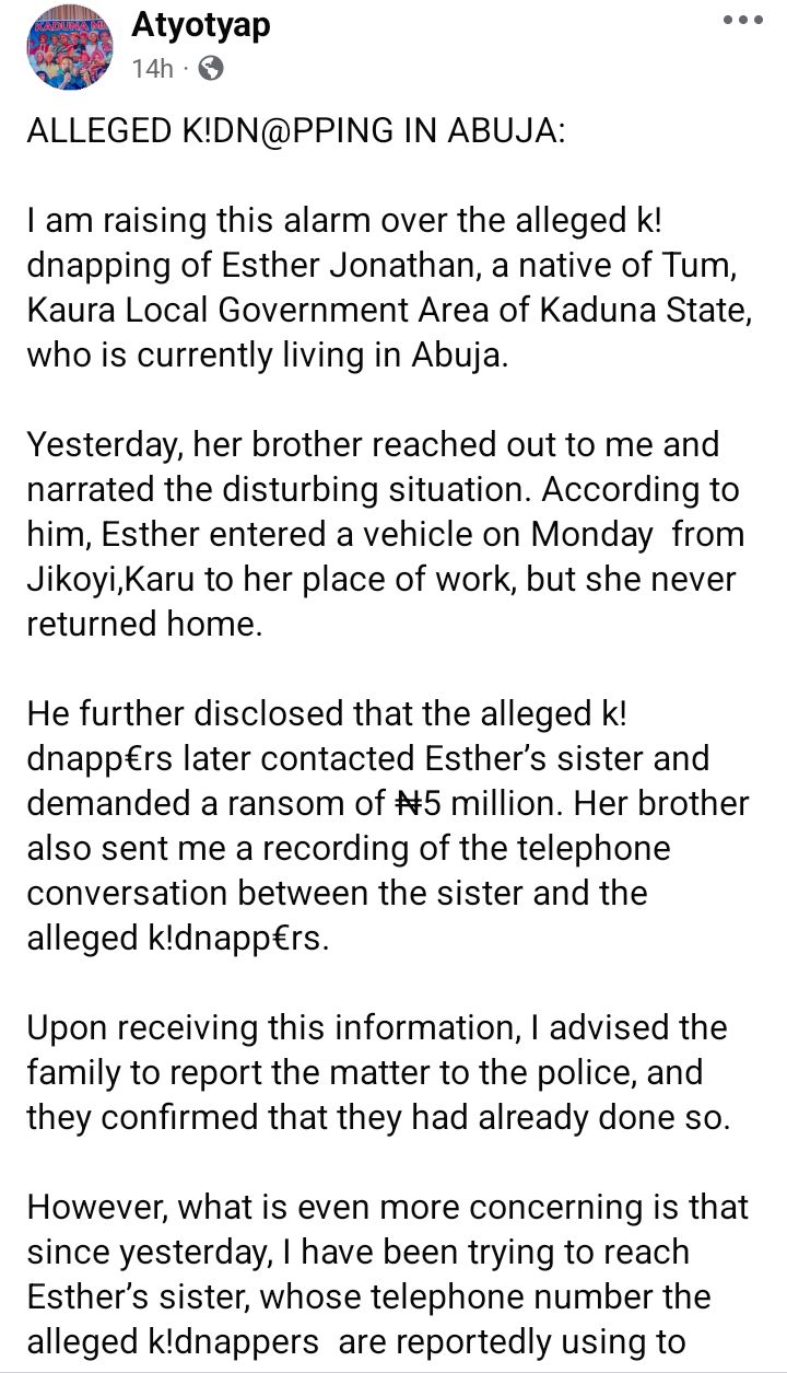Woman reportedly kidnapped on her way to work in Abuja