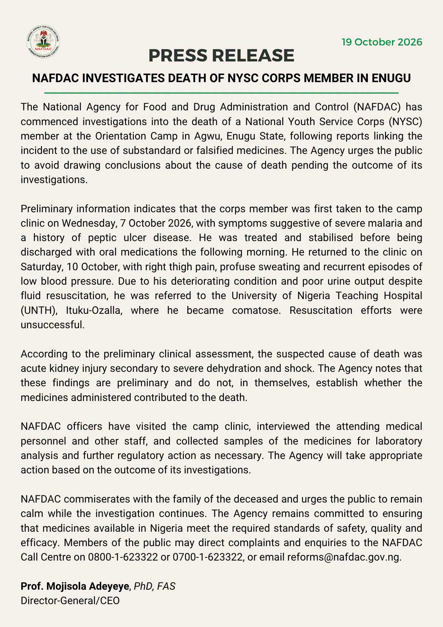 NAFDAC investigates death of NYSC member in Enugu, links cause to "acute kidney injury"