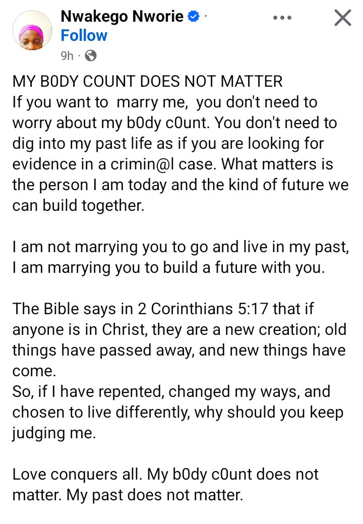 My body count doesn't matter. Old things have passed away - Nigerian woman tells suitors