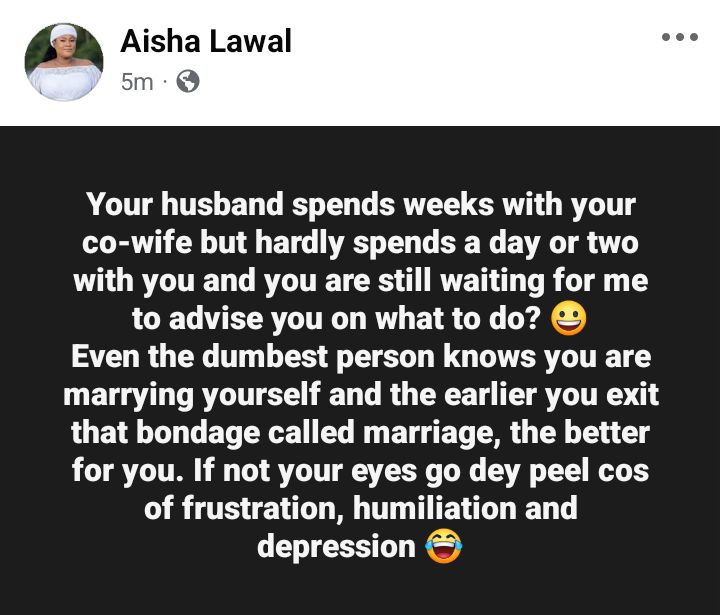 Exit the marriage if your husband spends more time with your your co-wife - Nigerian Muslim lady advises women