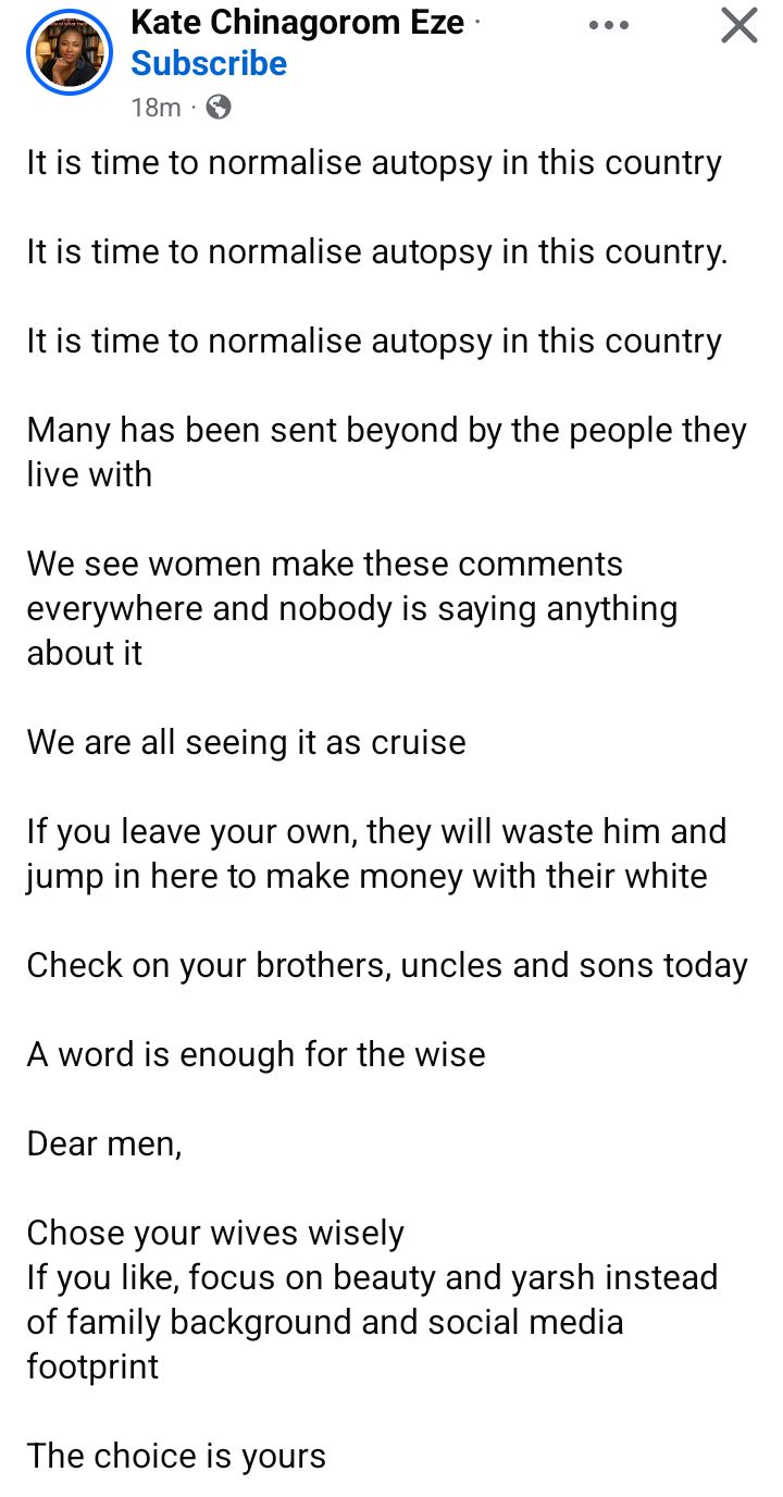 It's time to normalise autopsy - Nigerian woman says after lady suggested women should poison cheating husbands