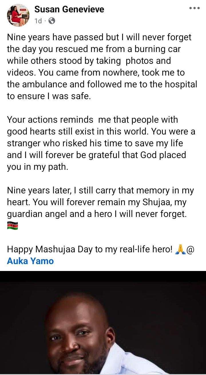 Kenyan woman celebrates stranger who rescued her from burning car while onlookers stood by taking photos