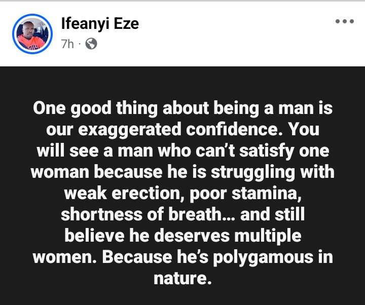 Poor stamina, exaggerated confidence - Nigerian man questions why men who can't perform demand multiple partners