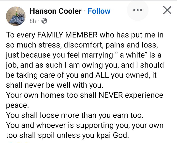 Akwa Ibom lady curses family members who feel she should be taking care of them because she married a white man