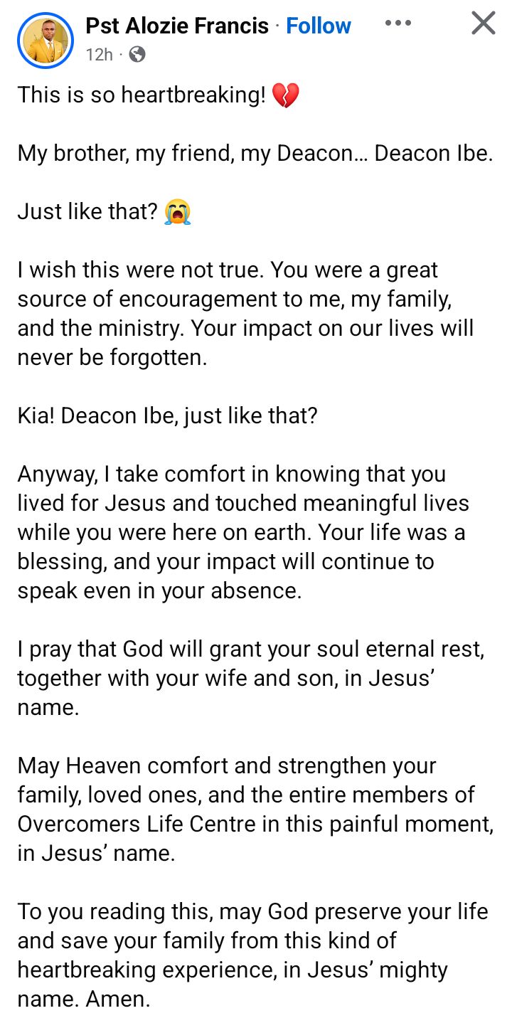 Nigerian pastor mourns friend who died in motor accident alongside wife and son