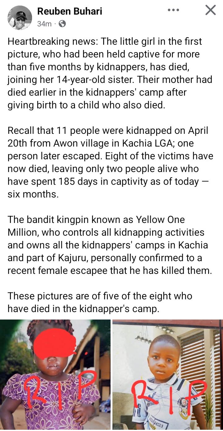 Kaduna mother, her two daughters, newborn, and five others die in captivity six months after abduction