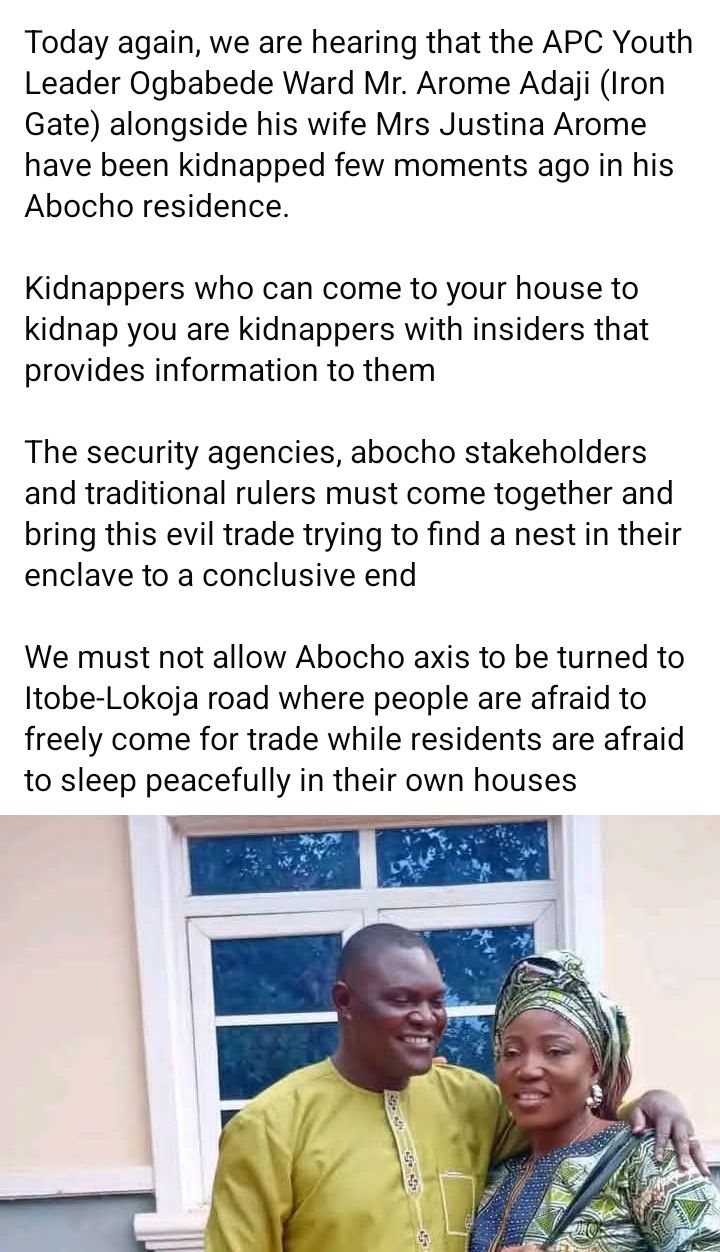 APC youth leader and his wife reportedly kidnapped in Kogi