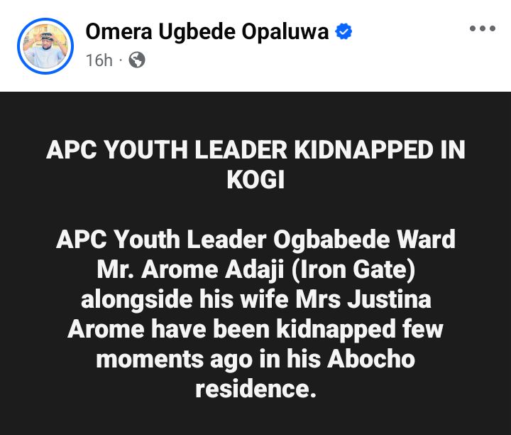 APC youth leader and his wife reportedly kidnapped in Kogi