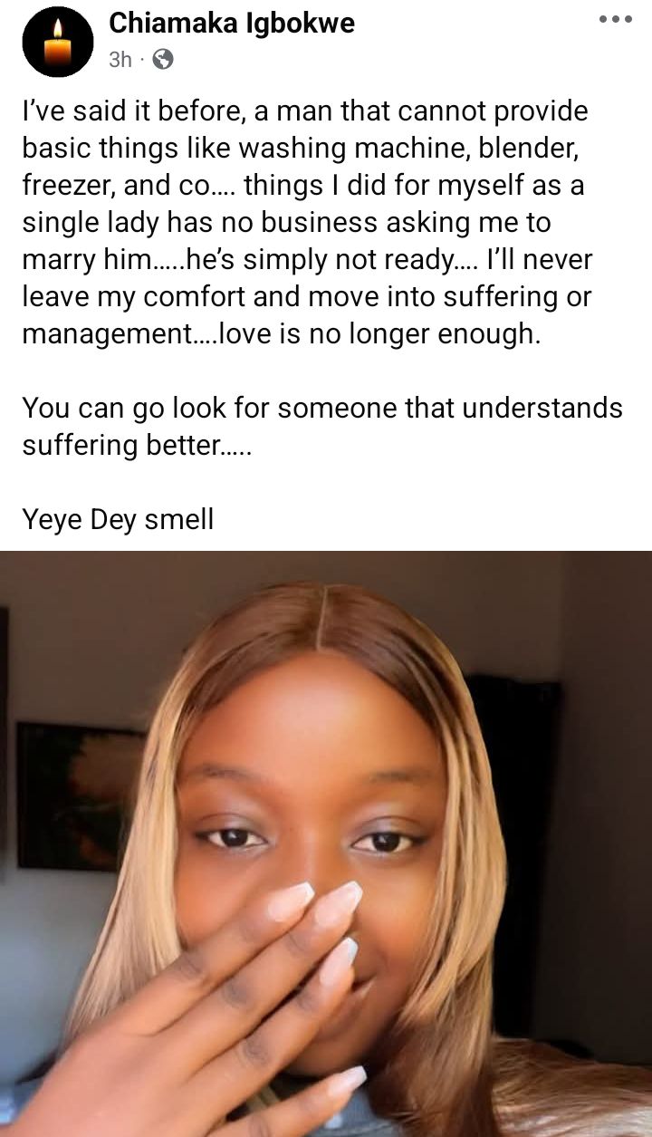 A man that can't provide washing machine has no business asking me to marry him - Nigerian woman says