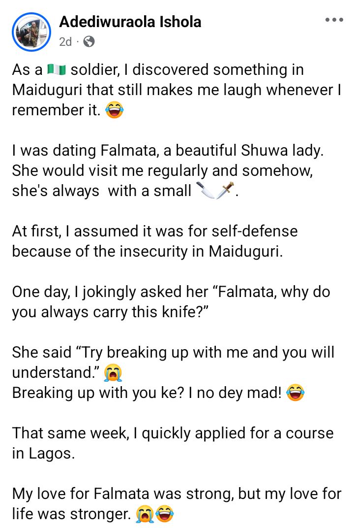 Nigerian soldier shares his 'hilarious' experience dating a Shuwa Arab woman in Maiduguri
