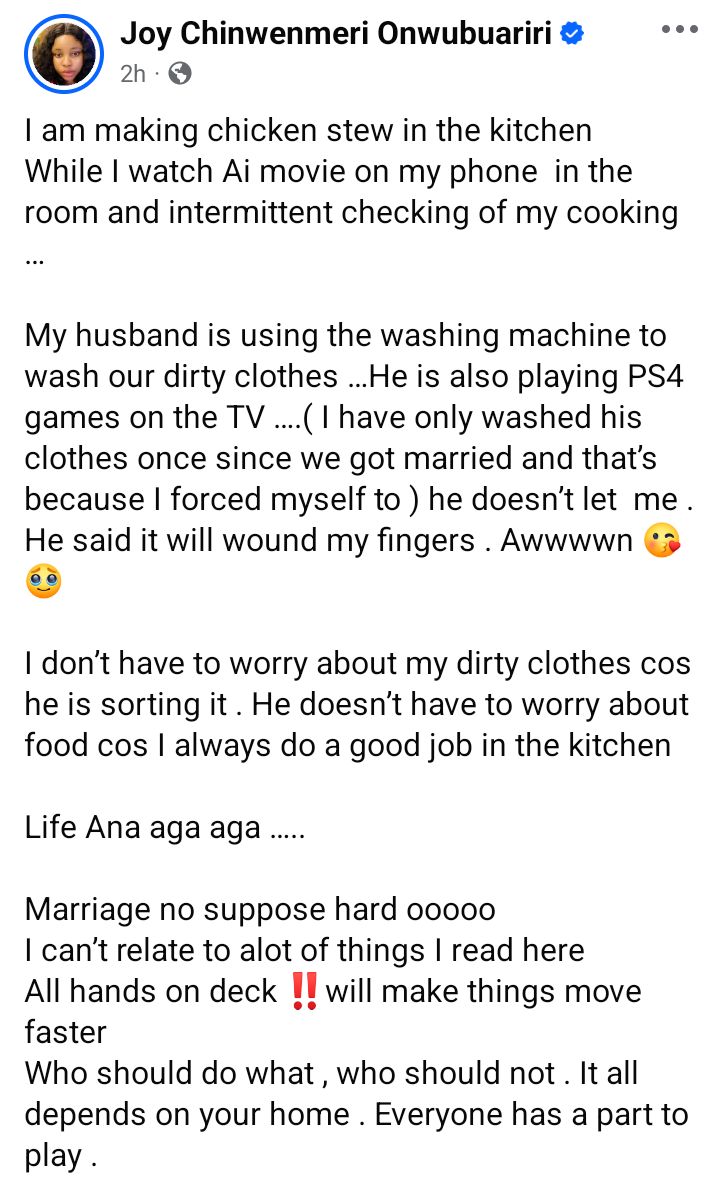 Nigerian wife says husband blocks her from washing his clothes, claims it could hurt her fingers