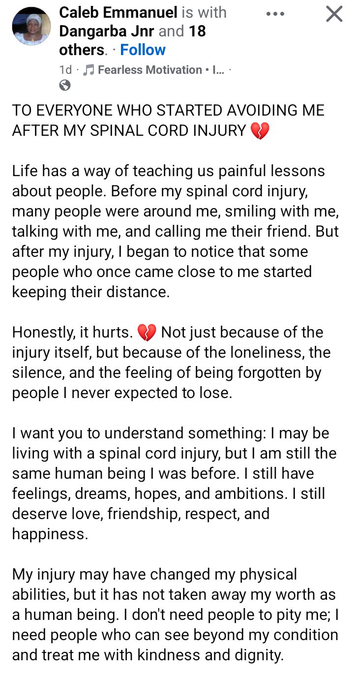 Nigerian man pens heartbreaking post addressing those who started avoiding him after his spinal cord injury